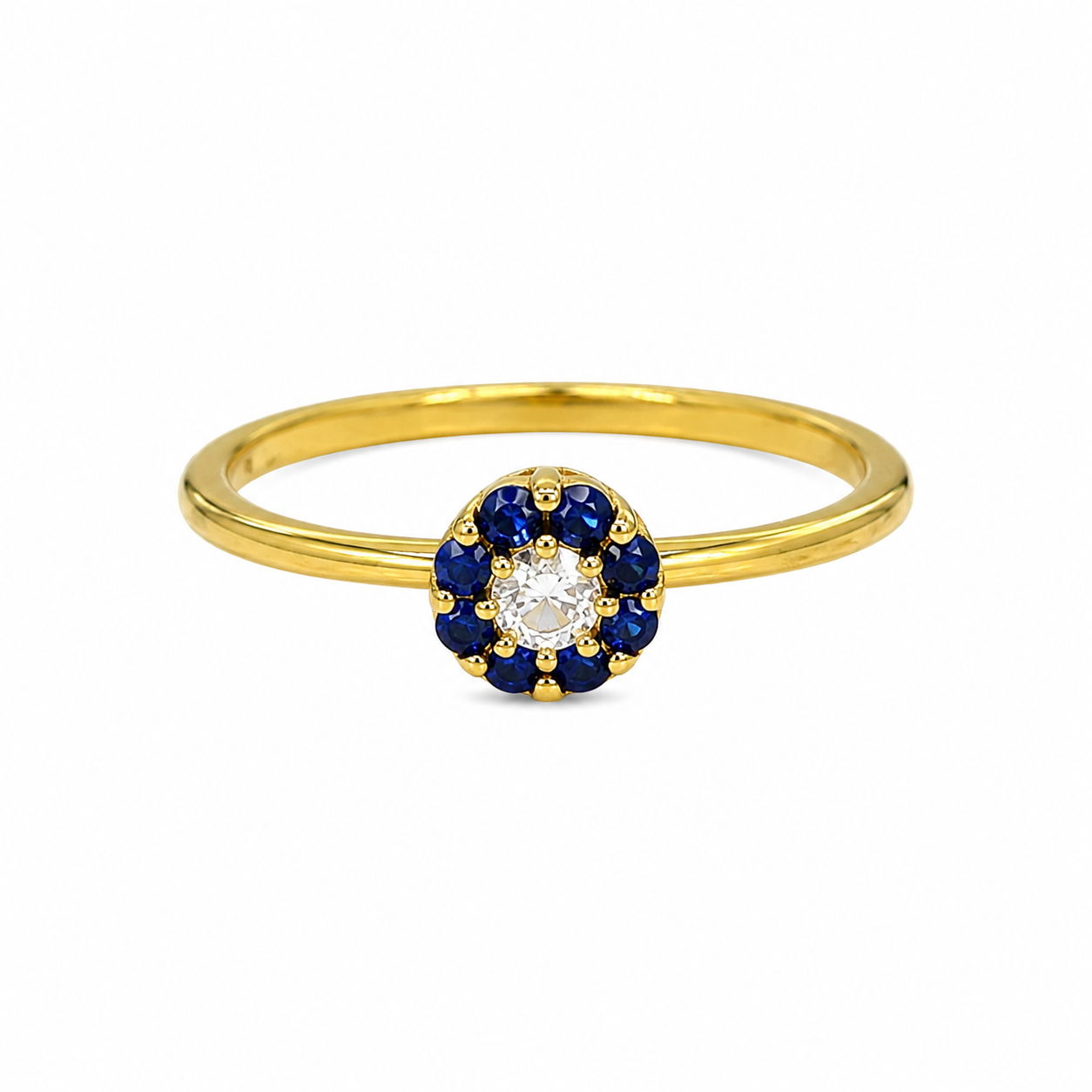 Semijoia Anel Solitário Flor Zircônia Safira 5mm Aro 14 Banho Ouro 18K