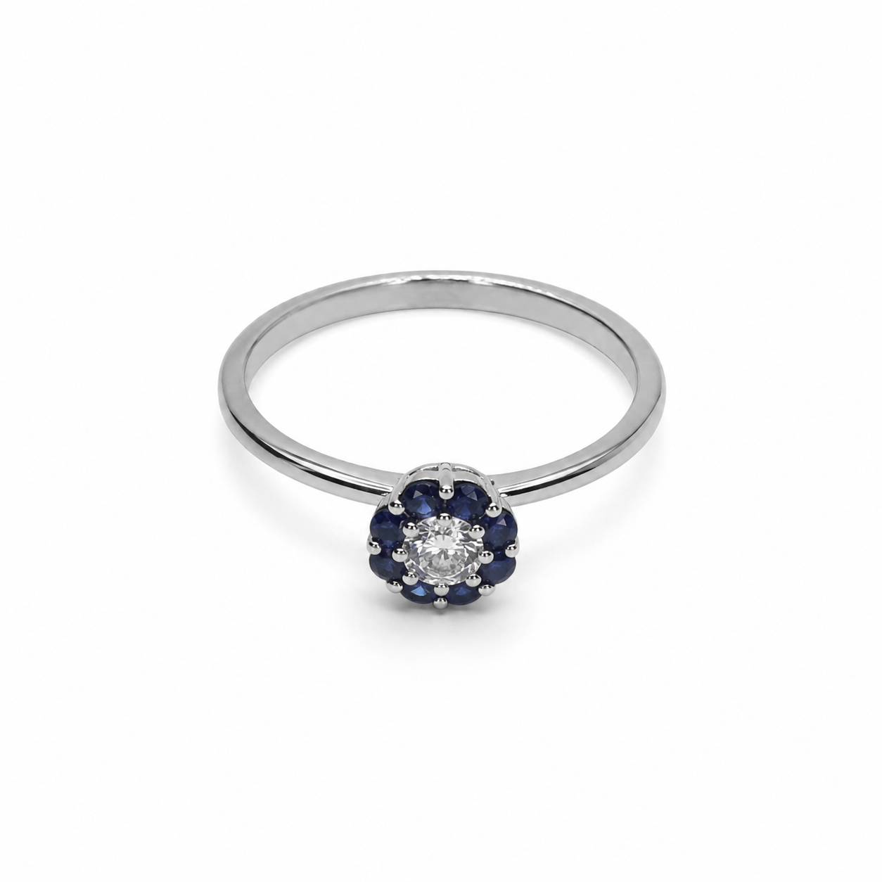Semijoia Anel Solitário Flor Zircônia Safira 5mm Aro 14 Banho Ródio
