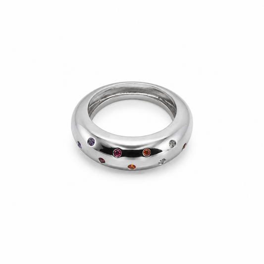 Semijoia Anel Liso Zircônias Colors 7mm Aro 13 Banho Ródio