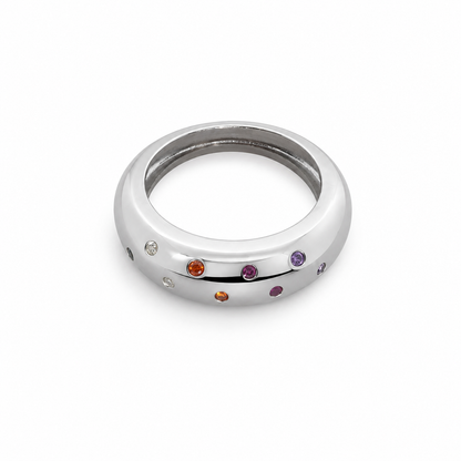 Semijoia Anel Liso Zircônias Colors 7mm Aro 17 Banho Ródio