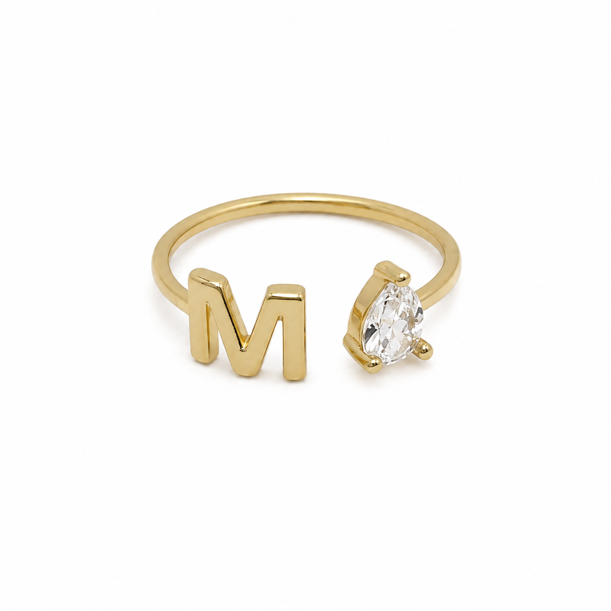 Semijoia Anel Regulável Zircônia E Letra ( M) 8mm Banho Ouro 18K