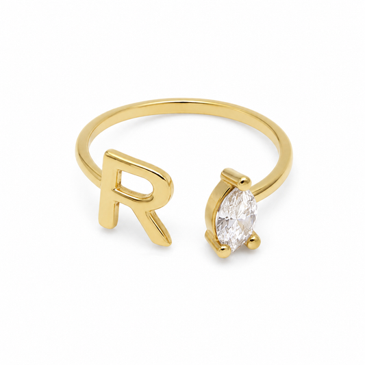 Semijoia Anel Regulável Zircônia E Letra (R) 8mm Banho Ouro 18K