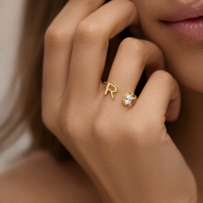 Semijoia Anel Regulável Zircônia E Letra (R) 8mm Banho Ouro 18K