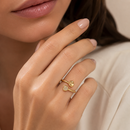 Semijoia Anel Ajustável Corações Liso E Cravejado 11mm Banho Ouro 18K