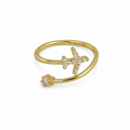 Semijoia Anel Ajustável Estrela Zircônia E Avião Cravejado 12mm Banho Ouro 18K