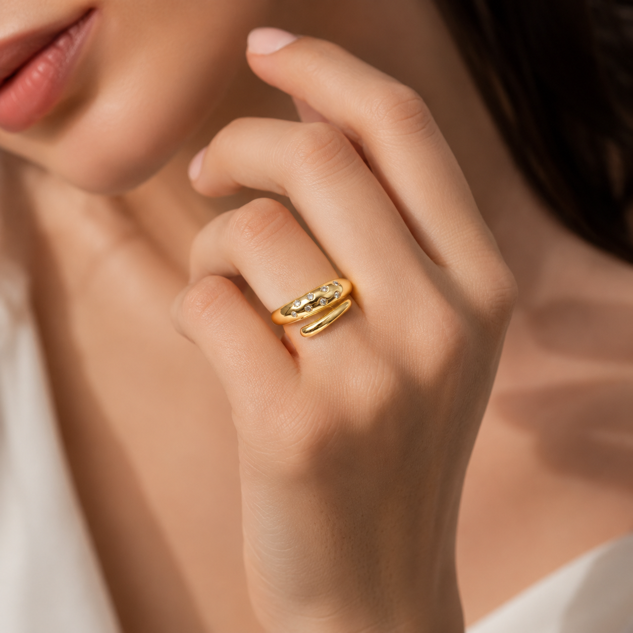 Semijoia Anel Ajustável Snake Cristal 9mm Banho Ouro 18K