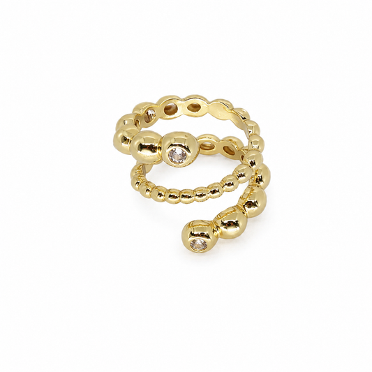Semijoia Anel Ajustável Bolas Com Zircônias 20mm Banho Ouro 18K