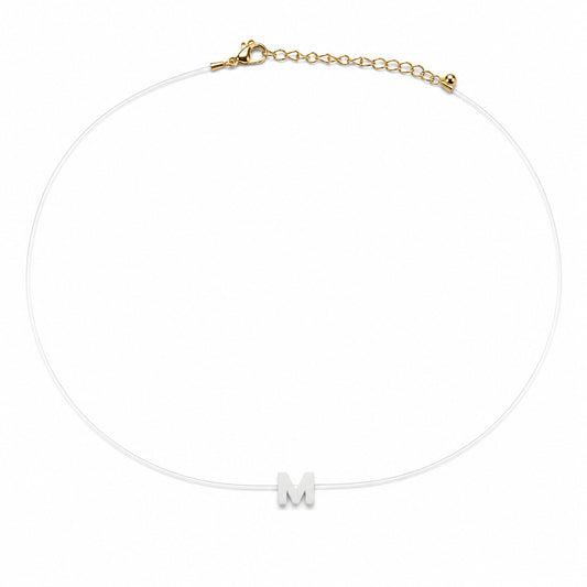 Semijoia Colar Choker Letra (M) Madrepérola Fio De Nylon 45cm Banho Ouro 18K