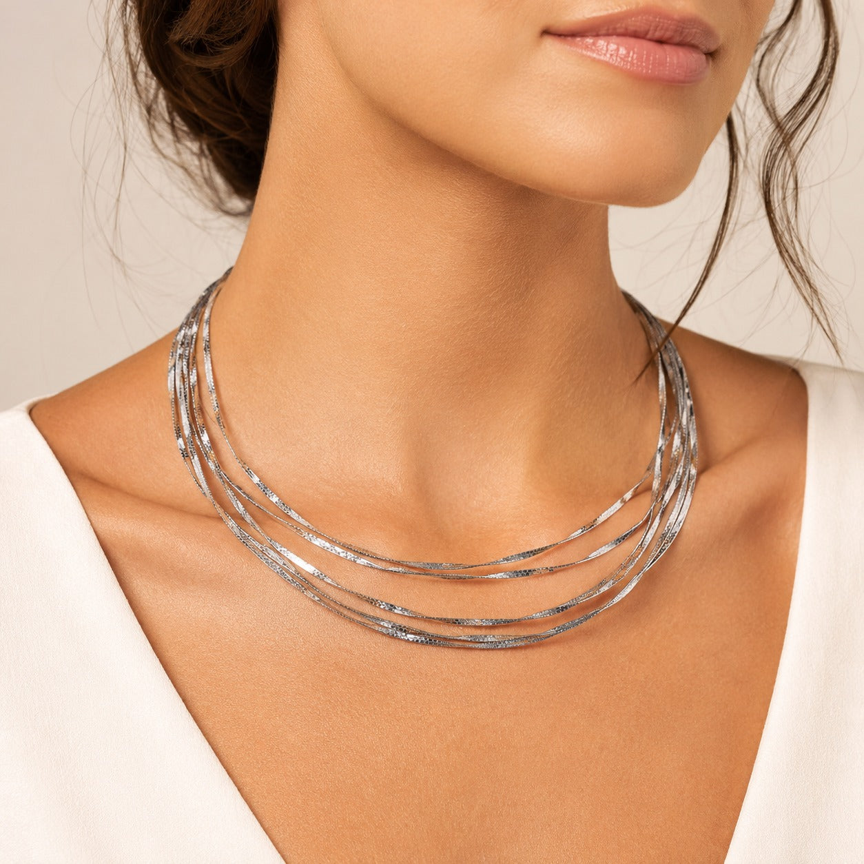 Semijoia Colar Choker Aro Seis Fios 15,5cm Banho Ródio