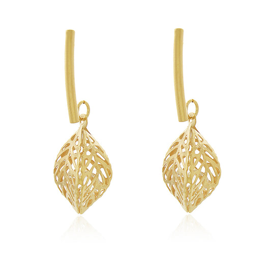 Brinco Fino Palito Curvo Folhas e Zircônia Banho a Ouro 18K