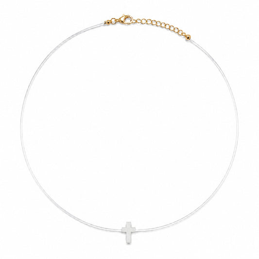 Semijoia Colar Choker Cruz Madrepérola Fio De Nylon 38cm Banho Ouro 18K