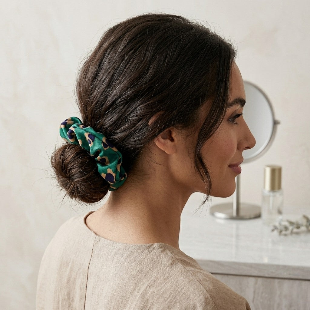 Scrunchie de Cetim Animal Print Cintilante Anti-Frizz