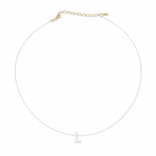 Semijoia Colar Choker Letra (L) Madrepérola Fio De Nylon 45cm Banho Ouro 18K