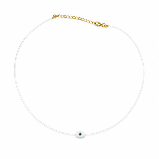 Semijoia Colar Choker Olho Grego Madrepérola Fio De Nylon 38cm Banho Ouro 18K