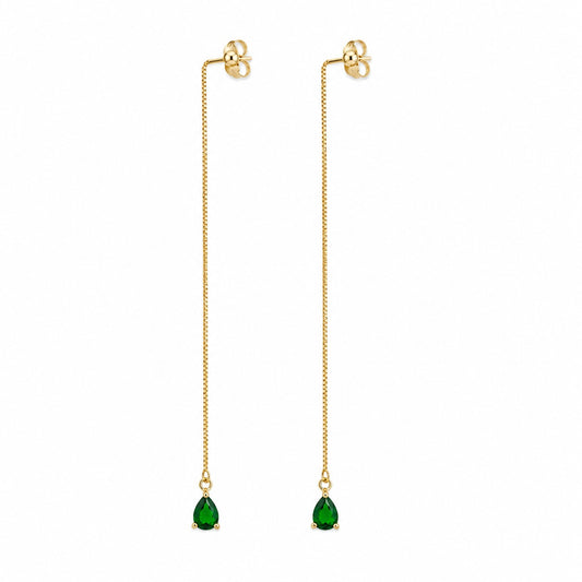 Semijoia Brinco Corrente Gota Esmeralda 12cm Banho Ouro 18K