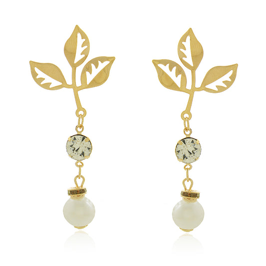 Brinco Fino Folhas com Pérola e Zircônia Banho a Ouro 18K