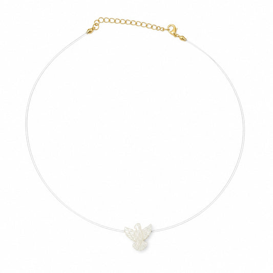 Semijoia Colar Choker Espírito Santo Madrepérola Fio De Nylon 38cm Banho Ouro 18K