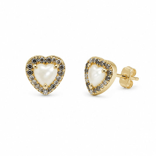 Semijoia Brinco Coração Branco Leitoso Cravejado 10mm Banho Ouro 18K